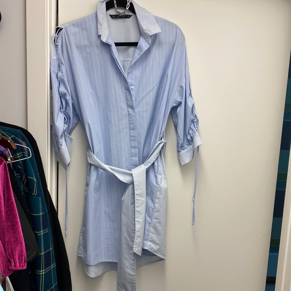 Zara Light Blue Pinstripe Shirt Dress